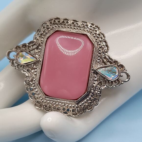 Vintage 1928 Company Pink Glass Brooch, Aurora Borealis Rhinestones, 1 1/2 Inch - Picture 1 of 7